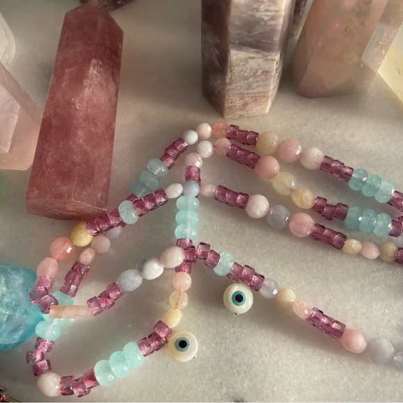 Y2K Cellphone Strap Beaded Evil Eye Pink & Blue Keychain Beaded Phone Charm 1/2 - Picture 2 of 5